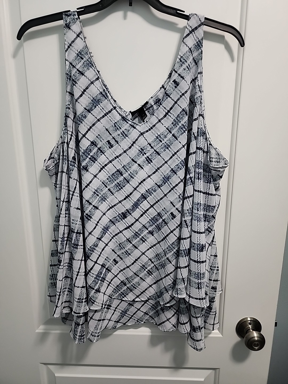 Lane Bryant Navy and White Plaid Cold-Shoulder Tank